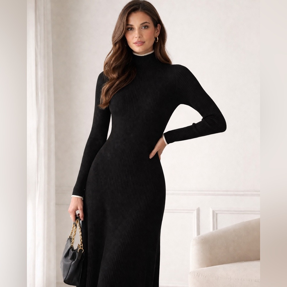 Lauren Ralph Lauren Black Ribbed Knit Turtleneck Dress SZ Medium Minimalist Work